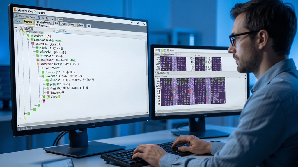 Wireshark 软件实时抓取网络数据包并深度解析协议层级,界面展示彩色协议树和十六进制数据,网络工程师正在分析数据流,科技感蓝色调,干净专业的软件操作场景,高画质,无杂乱元素