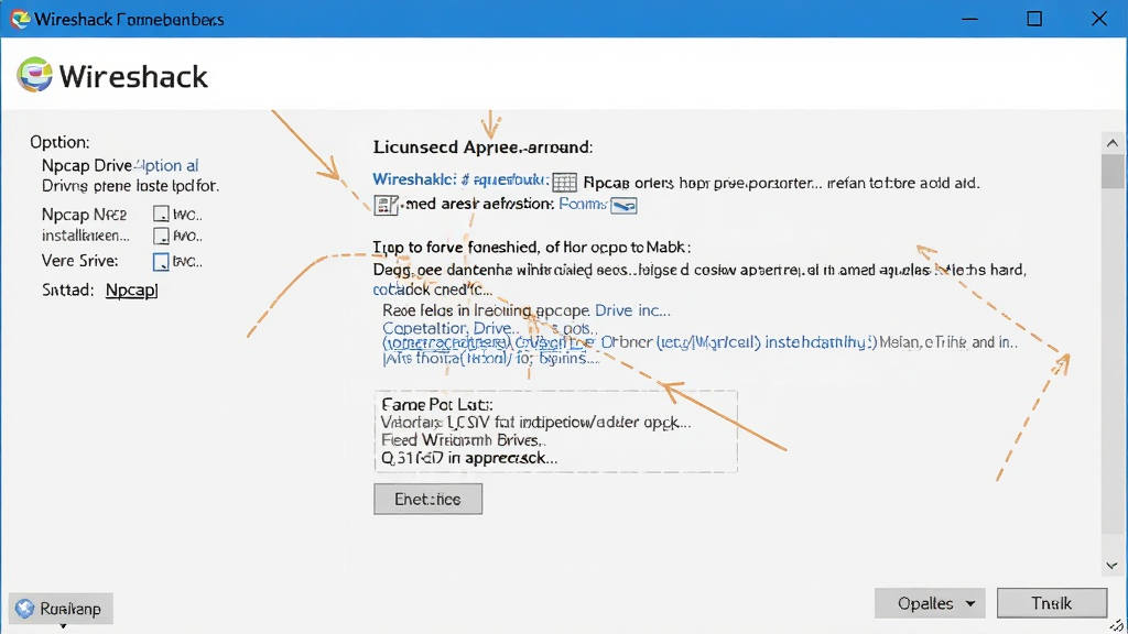 Wireshark 软件安装向导界面,展示 Npcap 驱动安装选项和许可协议页面,Windows 系统安装窗口,清晰的操作步骤截图,干净简洁的界面风格,高分辨率,无多余元素