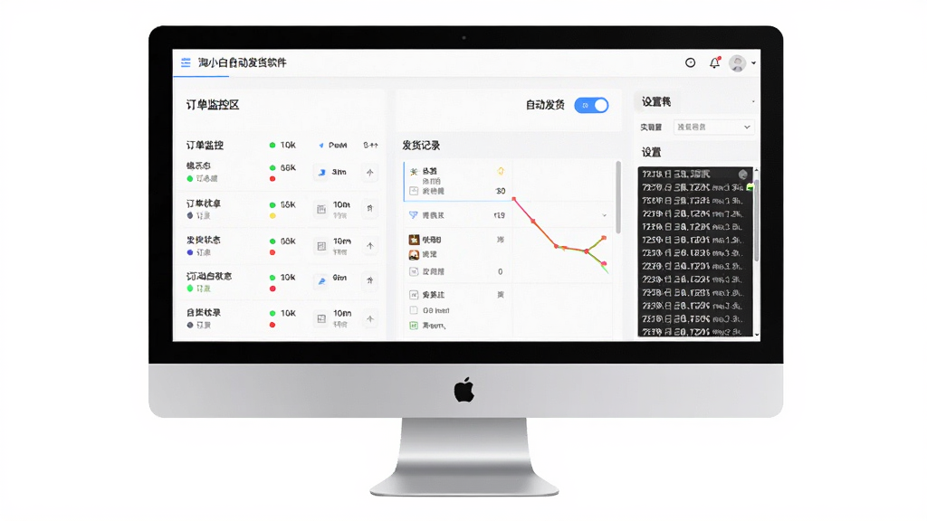 淘小白自动发货软件主界面全貌,主体为电脑屏幕居中展示软件操作面板,布局分为订单监控区、发货记录区和设置面板三大模块,排版整齐清晰,风格为现代简约科技风,细节包含订单状态指示灯、自动发货开关按钮和实时日志滚动窗口,画质高清干净无多余元素