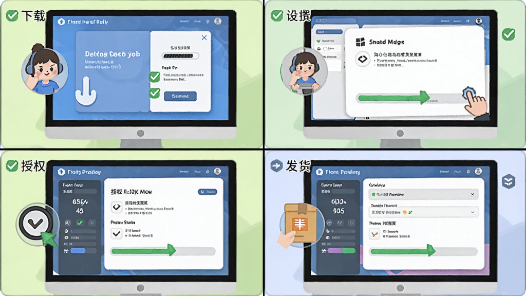 淘小白自动发货软件新手操作流程示意图,主体为电脑屏幕中分步骤展示安装向导和设置界面,布局为四格漫画式排版从上到下依次展示下载、安装、授权、发货四个步骤,风格为扁平化教程插画风,细节包含每步的勾选标记和进度条,画质高清干净无多余元素