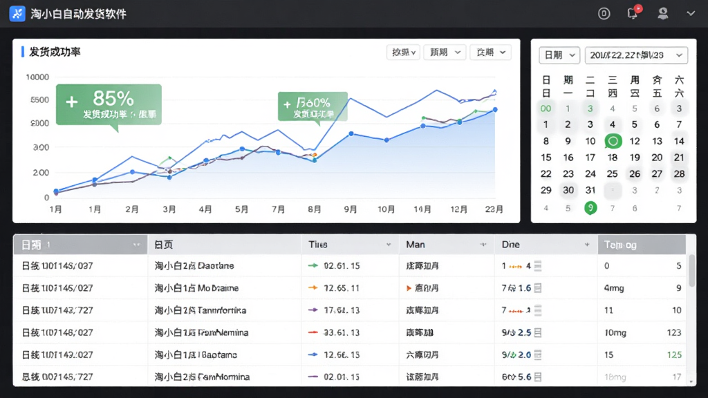 淘小白自动发货软件发货日志统计页面,主体为软件界面中展示数据图表和日志列表,布局为上部分折线图下部分表格列表,排版清晰对称,风格为数据可视化商务风,细节包含发货成功率的绿色百分比数字和按日期筛选的日历控件,画质高清干净无多余元素