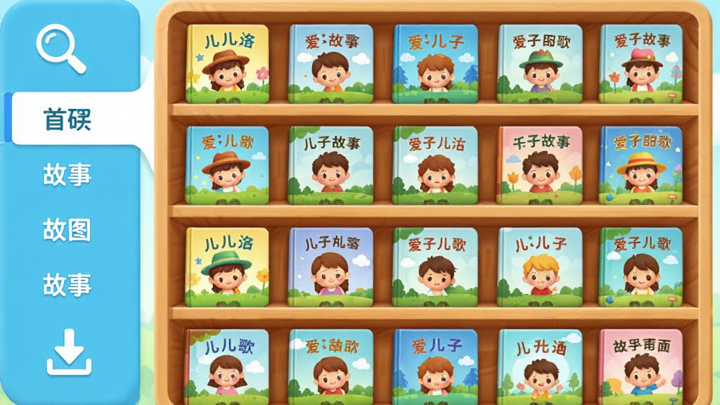 爱子儿歌故事海量内容库界面,画面主体是一个巨大的虚拟书架,书架上整齐排列着带有不同封面图案的儿歌和故事专辑,布局采用网格状展示,排版左侧为分类导航栏,风格为清新明亮的卡通风格,细节包含搜索放大镜图标和下载箭头,画质高清,干净,无多余元素