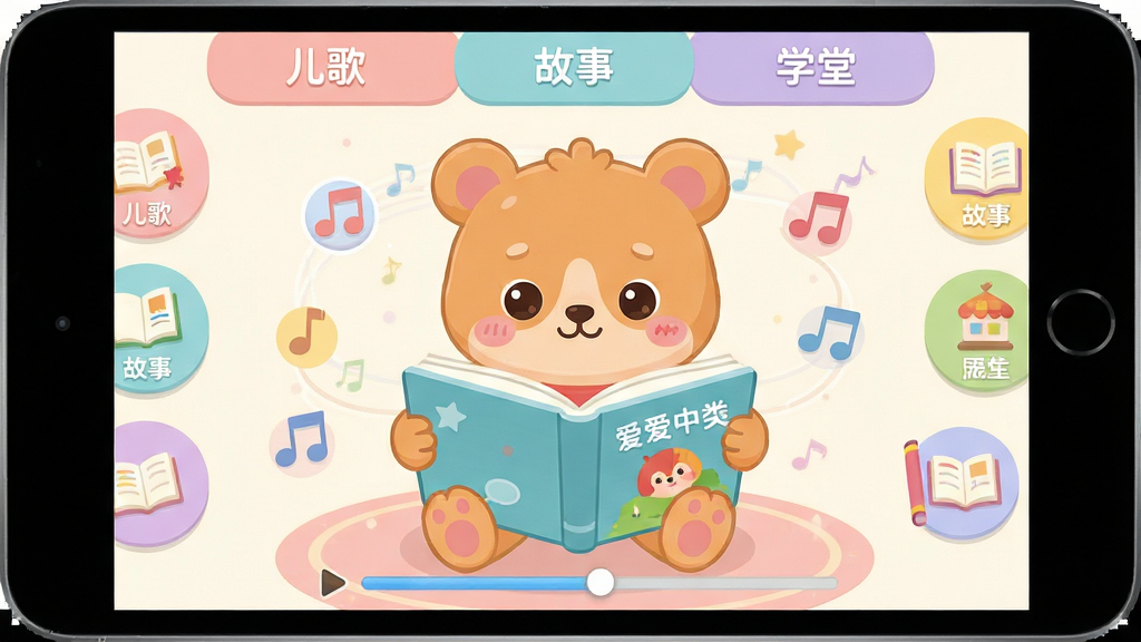 爱子儿歌故事软件主界面展示,画面中央是可爱的卡通动物形象正在阅读绘本,四周环绕着音符和故事书图标,布局清晰展示分类栏目如儿歌、故事、学堂,排版采用柔和的马卡龙色系,风格为扁平化卡通插画,细节包含悬浮的播放按钮和进度条,画质高清,干净,无多余元素