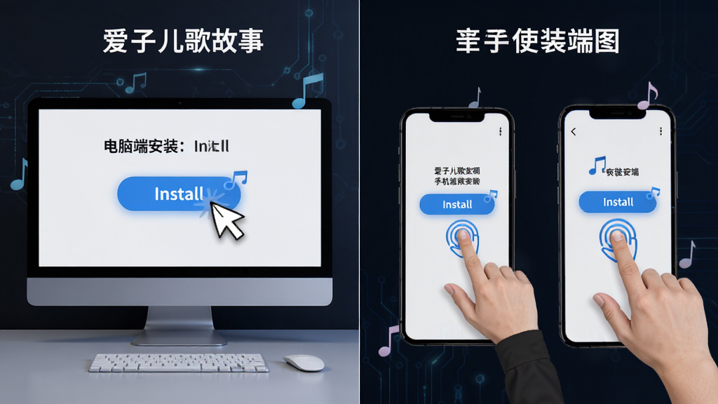爱子儿歌故事安装使用流程图,画面分为左右两部分,左侧为电脑端安装界面,右侧为手机端安装界面,布局采用对比排版,风格为简约科技风,细节包含鼠标点击安装按钮和手机触屏手势图标,画质高清,干净,无多余元素