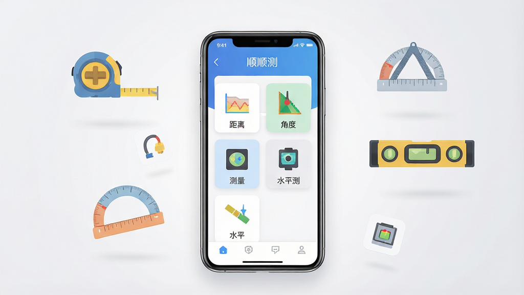一张展示顺顺测手机应用主界面的产品渲染图,画面中央是一部竖直放置的智能手机,手机屏幕上显示顺顺测软件的测量主界面,界面中包含距离测量、角度测量、水平仪等功能的图标入口,背景为干净的浅灰色渐变,手机周围漂浮着卷尺、量角器、水平仪等简约扁平化图标元素,整体风格现代科技感,布局居中对称,画质清晰干净,无多余元素。