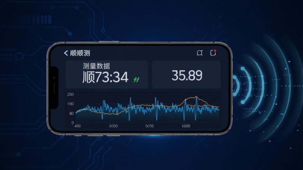 顺顺测软件实时数据反馈界面示意图,画面主体为一部横向放置的手机,屏幕上显示顺顺测的测量数据面板,面板中有醒目的数字读数和动态波形图,手机旁边有抽象的传感器信号波纹向外扩散,背景为深蓝色科技风格,整体画面简洁干净,突出数据反馈的即时感。