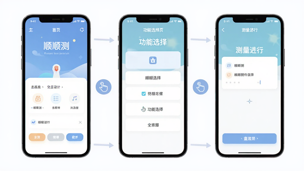 顺顺测软件交互设计展示图,画面展示一部手机从主界面到测量界面的操作流程,用箭头和手势图标串联起三个手机屏幕,屏幕内容分别为顺顺测的主页、功能选择页和测量进行页,整体风格扁平化,配色柔和,布局清晰,画质干净,无多余装饰元素。