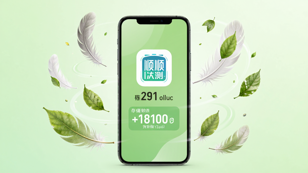 顺顺测软件轻量化特性示意图,画面中央是一部手机,手机周围环绕着羽毛、树叶等象征轻量的元素,手机屏幕上显示顺顺测的图标和存储占用信息,背景为浅绿色渐变,整体风格清新自然,画质干净,突出软件轻便省资源的特征。