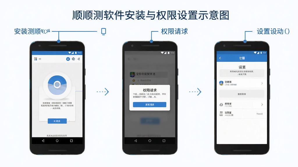 顺顺测软件安装与权限设置示意图,画面展示一部安卓手机,屏幕上依次显示安装界面、权限请求弹窗和设置页面,每个界面都用简洁的标注线引出说明文字,整体风格为扁平化信息图,配色以蓝白灰为主,布局清晰,画质干净,无多余元素。