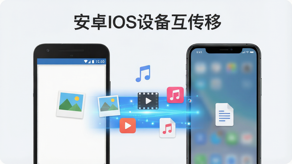 一幅展示安卓IOS设备互传移软件核心功能的场景图,画面中央是一部安卓手机和一部iPhone手机并排摆放,两部手机屏幕之间有一道发光的蓝色数据传输光束连接,光束中漂浮着照片、视频、音乐、文档等图标元素,手机上方悬浮着软件名称