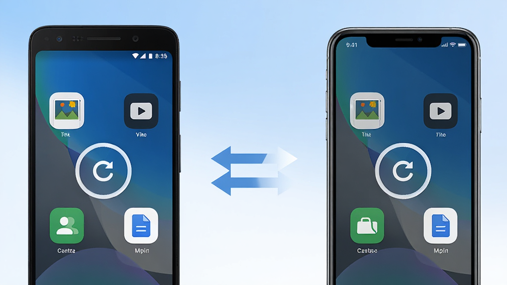 一部安卓手机和一部iPhone手机屏幕同时亮起,显示安卓IOS设备互传移软件界面,界面中央有一个醒目的圆形传输按钮,周围环绕着照片、视频、联系人、文档四类文件图标,两部手机之间用双向箭头连接,背景为柔和的蓝白渐变,布局简洁对称,风格为现代UI展示图,细节锐利,画质高清,干净,无多余元素