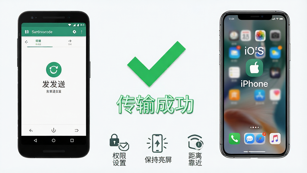 安卓IOS设备互传移使用教程示意图,画面展示两部手机并排,左侧安卓手机显示发送界面,右侧iPhone显示接收界面,中间有醒目的绿色对勾和
