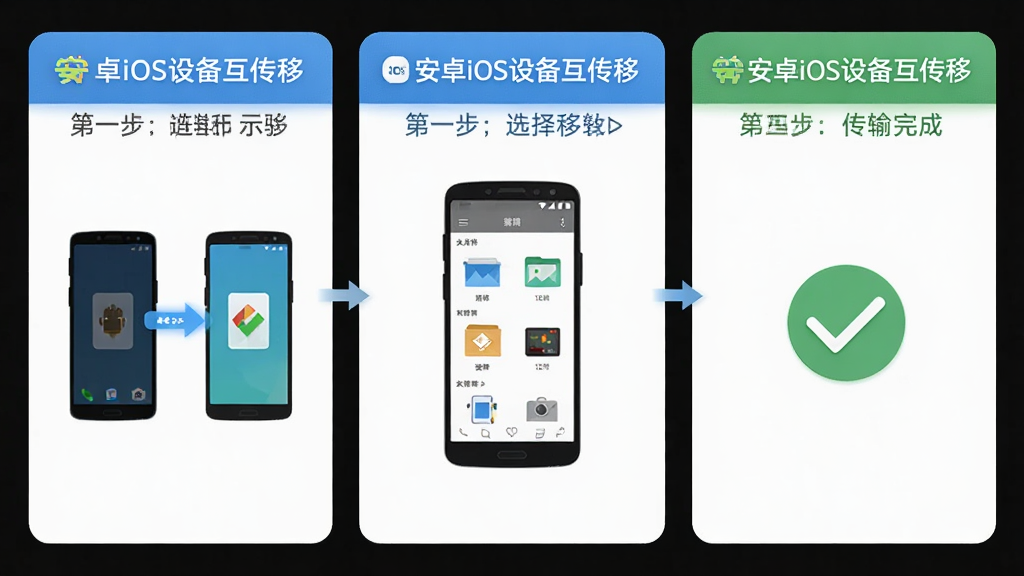 安卓IOS设备互传移软件操作流程示意图,画面分为三个步骤面板,第一步显示两部手机靠近连接,第二步显示选择文件,第三步显示传输完成打勾,每个步骤配简洁图标和
