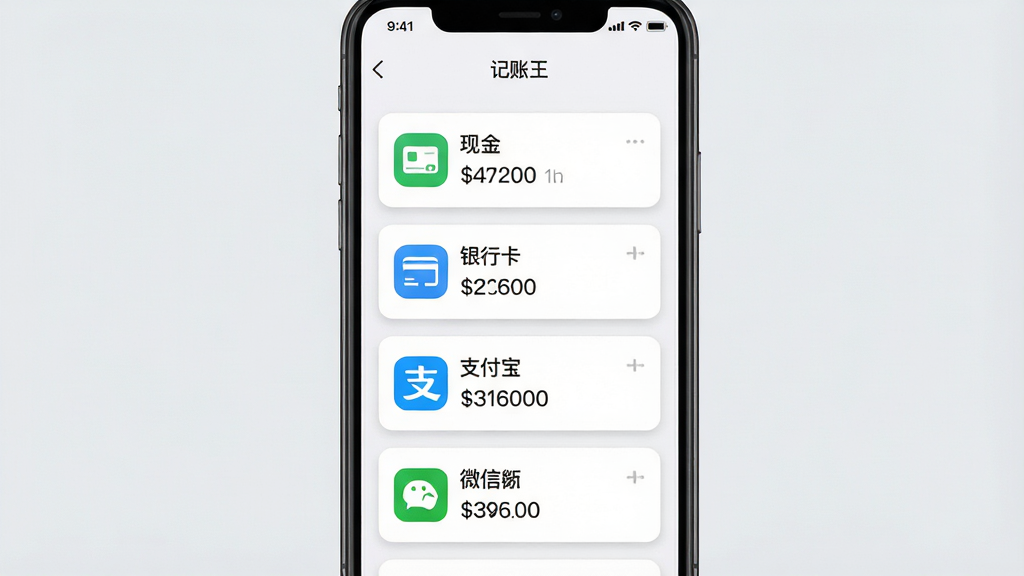一张“记账王”多账户管理界面的功能展示图,画面主体为一部手机,屏幕内以卡片列表形式展示现金、银行卡、支付宝、微信等多个账户卡片,每张卡片上有账户图标、名称和余额数字。布局采用上下排列的卡片流,排版整齐,风格为清爽浅色系UI设计,细节上卡片带有轻微阴影和圆角,背景为淡灰色。画质高清,干净无多余元素。