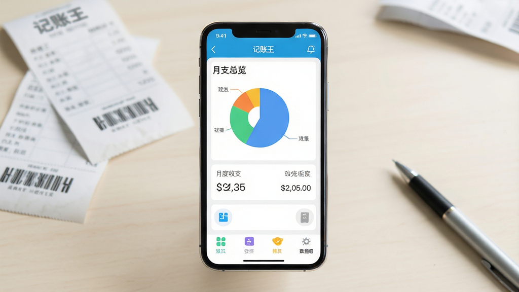 一张手机屏幕展示“记账王”应用主界面的场景图,画面中央是手机竖屏,屏幕内显示记账王APP的收支总览页面,包含饼状图、月度收支数字和功能图标。布局为居中构图,手机悬浮在浅色桌面上,周围散落着几张模糊的购物小票和一支笔。排版简洁,风格为现代扁平化UI设计风格,细节上手机边框有轻微反光,屏幕色彩明亮清晰,画质为高清4K,干净无多余元素。