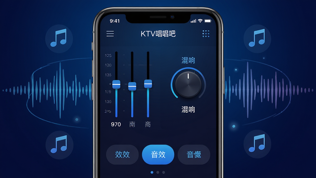 免费KTV唱吧智能音效调节界面,手机屏幕显示均衡器滑块、混响旋钮、音效模式切换按钮,周围环绕声波图形和音符图标,背景为深蓝色渐变,主体突出,布局清晰,排版规整,风格科技感强,细节包括参数数值、模式名称标签,画质高清,干净,无多余元素
