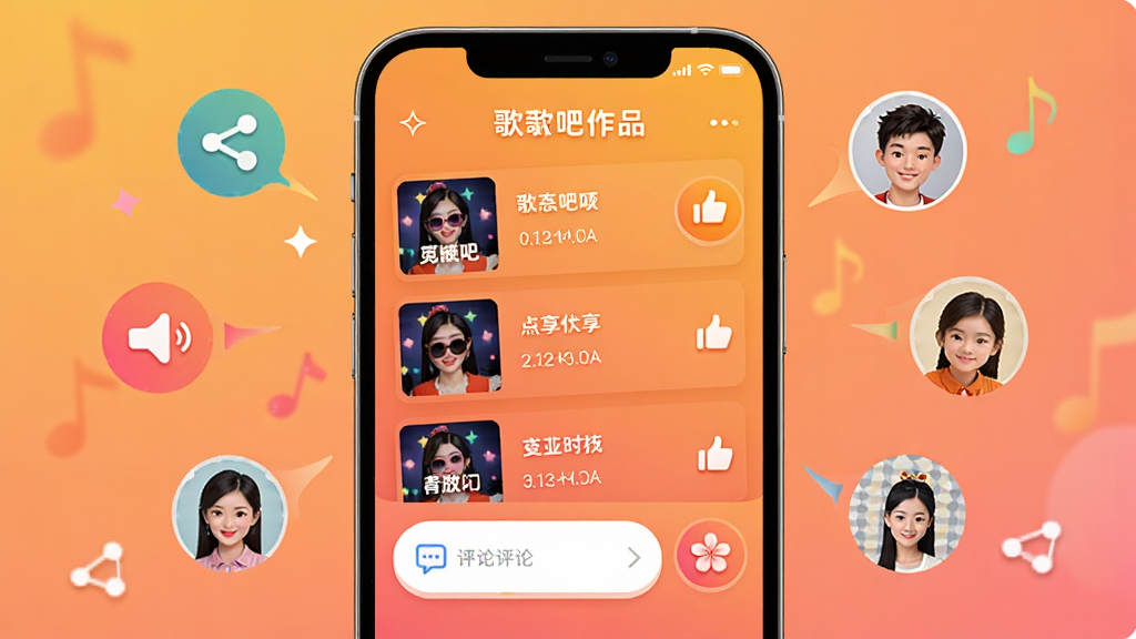 免费KTV唱吧作品分享与互动界面,手机屏幕显示歌曲作品列表、点赞按钮、评论框、送花图标,周围环绕社交分享图标和用户头像,背景为暖色调渐变,主体突出,布局社交化,排版活泼,风格友好亲切,细节包括作品封面、用户名、播放次数,画质高清,干净,无多余元素