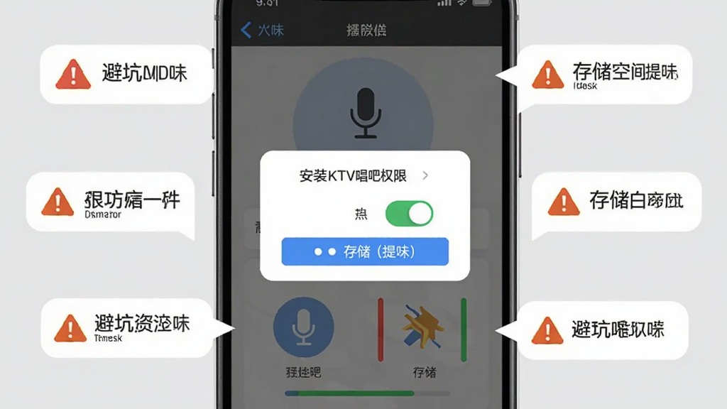 免费KTV唱吧新手操作指引图,手机屏幕显示安装权限弹窗、麦克风图标、存储空间提示,周围环绕避坑标志和提示气泡,背景为浅灰色,主体突出,布局教程化,排版清晰,风格扁平化,细节包括权限开关、存储条、警告图标,画质高清,干净,无多余元素
