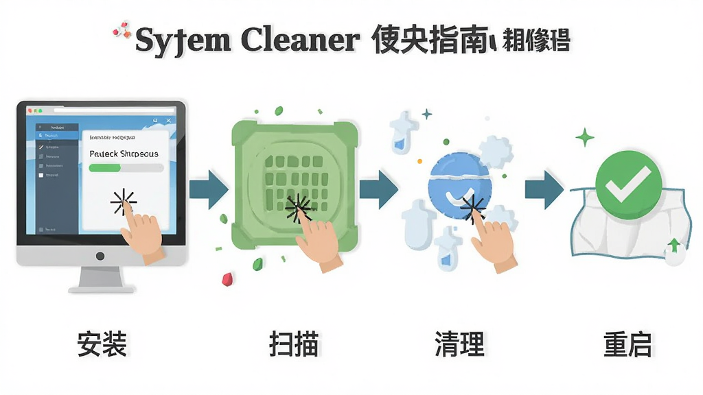 System Cleanerʹ��ָ�ϲ�������ͼ������Ϊ������Ļ��ʾ�����������裬���ִ�������չʾ��װ��ɨ�衢�����������ĸ��׶Σ��Ű��Լ�ͷ���������Ϊ��ƽ����ѧ�廭��ϸ�ڰ�����������ơ�������ʾ����ɴ�ͼ�꣬���ʸ��壬�ɾ����޶���Ԫ��