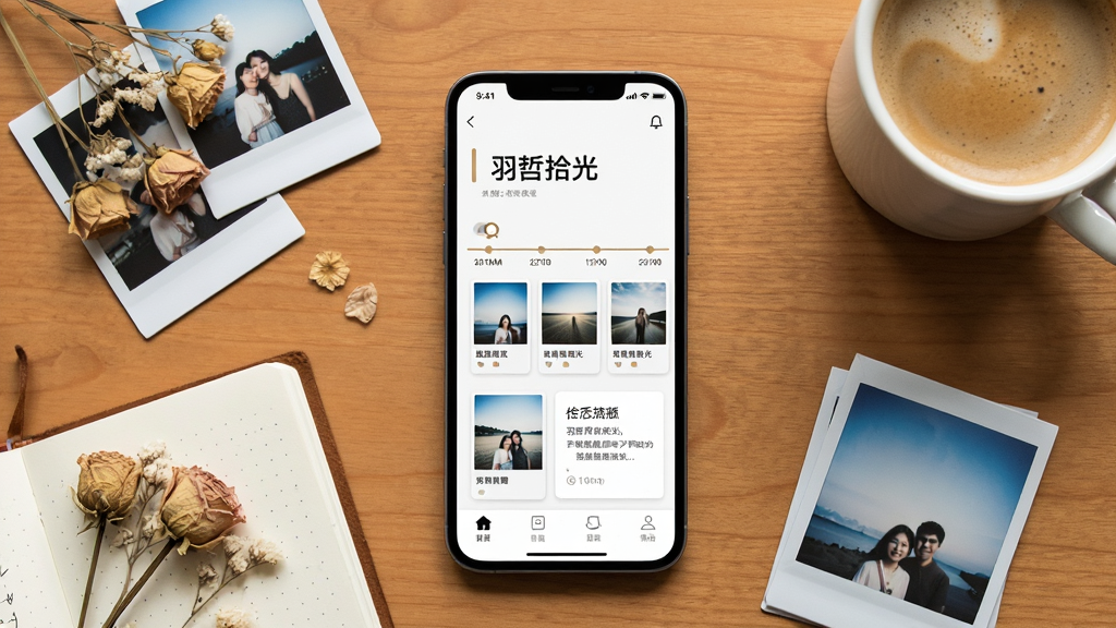画面中央放置一部智能手机,手机屏幕上显示“羽哲拾光”应用主界面,界面内有时光轴、照片缩略图和文字卡片。手机周围散落着拍立得相片、干花、手账本和一杯咖啡,背景是暖色调木质桌面。整体采用清新治愈风格,细节丰富,画质清晰干净,无多余元素。