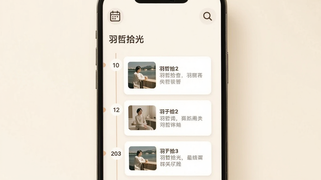 画面展示一个手机屏幕,屏幕内是“羽哲拾光”的时光轴界面,时间轴从上到下排列着不同日期的卡片,卡片上有小图片和文字摘要。屏幕上方有一个日历图标和搜索图标。背景为温暖米白色,整体风格清新柔和,画质干净,无多余元素。