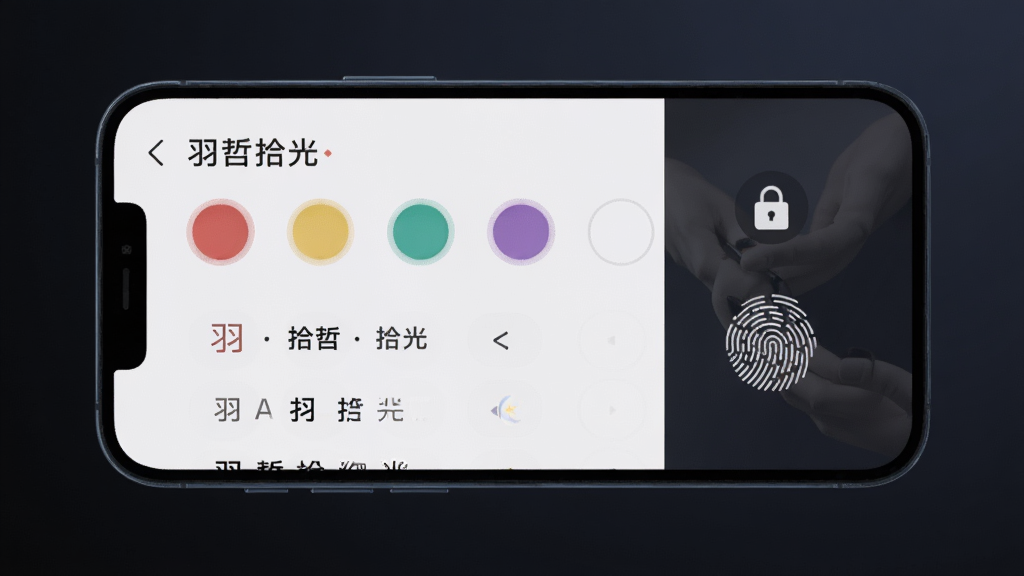 画面展示一部手机,屏幕显示“羽哲拾光”的主题设置界面,有多个颜色圆点和字体样式选项,旁边有一个锁形图标和指纹识别图案。背景为深色渐变,突出屏幕内容,整体风格沉稳安全,画质清晰,无多余元素。