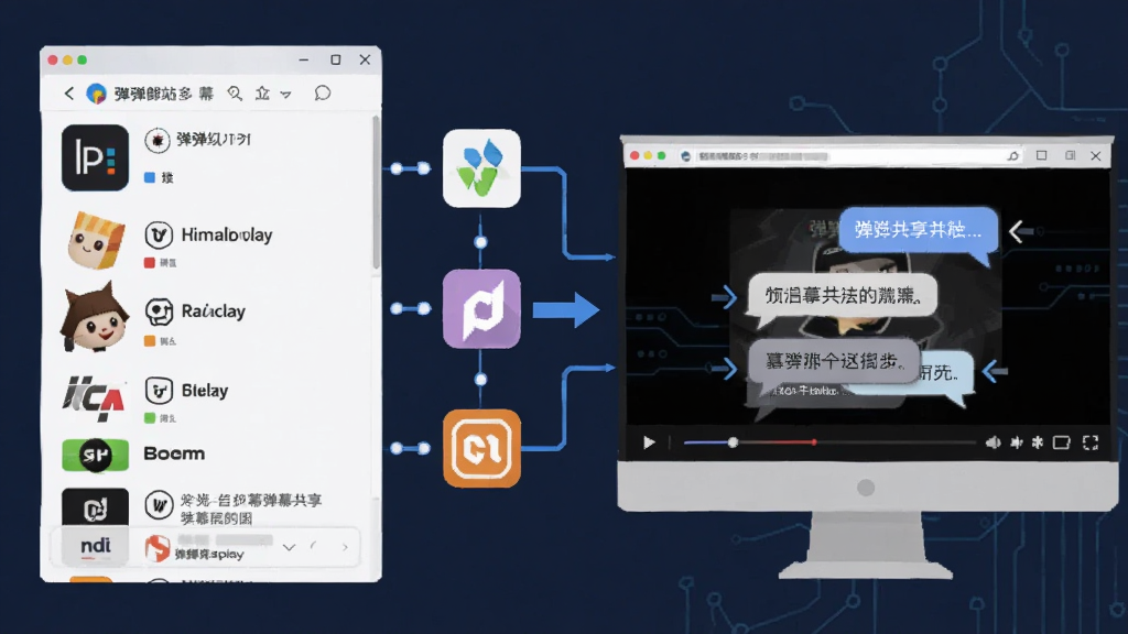 一张展示弹弹play多平台弹幕共享功能的图片,主体是电脑屏幕上多个弹幕网站图标与弹弹play播放器连接示意,布局为左右分栏,左侧为弹幕网站列表,右侧为播放器界面,排版清晰有序,风格为扁平化科技风格,细节包括各平台Logo、连接线条、弹幕文字气泡、同步箭头,画质高清,干净,无多余元素
