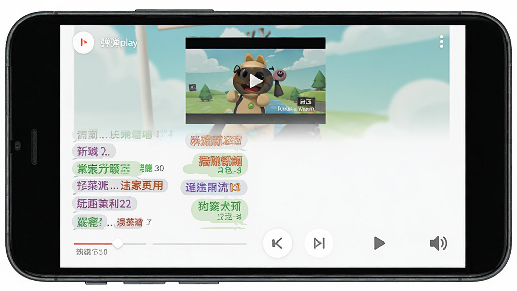 一张展示弹弹play在手机上播放视频的图片,主体是智能手机屏幕显示弹弹play播放界面,布局为竖屏手机画面,上方为视频播放区域,下方为弹幕列表和控制按钮,排版简洁易用,风格为移动端扁平化UI设计,细节包括手机边框、视频画面、彩色弹幕文字、进度条、音量图标,画质高清,干净,无多余元素