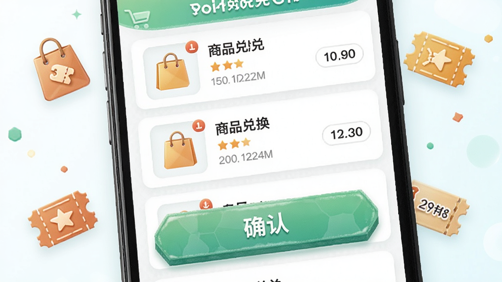 鲜优兑 应用内兑换页面展示图,画面主体为手机屏幕特写,屏幕中显示商品兑换列表与确认按钮,周围点缀购物袋、优惠券等小图标,布局采用居中构图,风格清新明快,细节表现按钮质感与列表层次,画质清晰,干净,无多余元素
