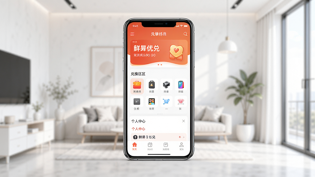 鲜优兑 手机应用主界面展示图,画面中央放置一部智能手机,屏幕显示鲜优兑应用首页,包含兑换专区、分类导航、个人中心等模块,背景为明亮简约的室内环境,布局居中对称,风格现代科技感,细节清晰展示应用图标与界面元素,画质高清,干净,无多余元素