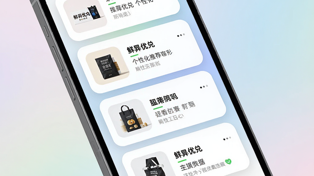 鲜优兑 个性化推荐功能展示图,画面为手机屏幕中呈现推荐卡片流,卡片上带有商品图片与文字说明,背景为柔和渐变色调,布局错落有致,风格简约时尚,细节展示卡片圆角与阴影效果,画质高清,干净,无多余元素