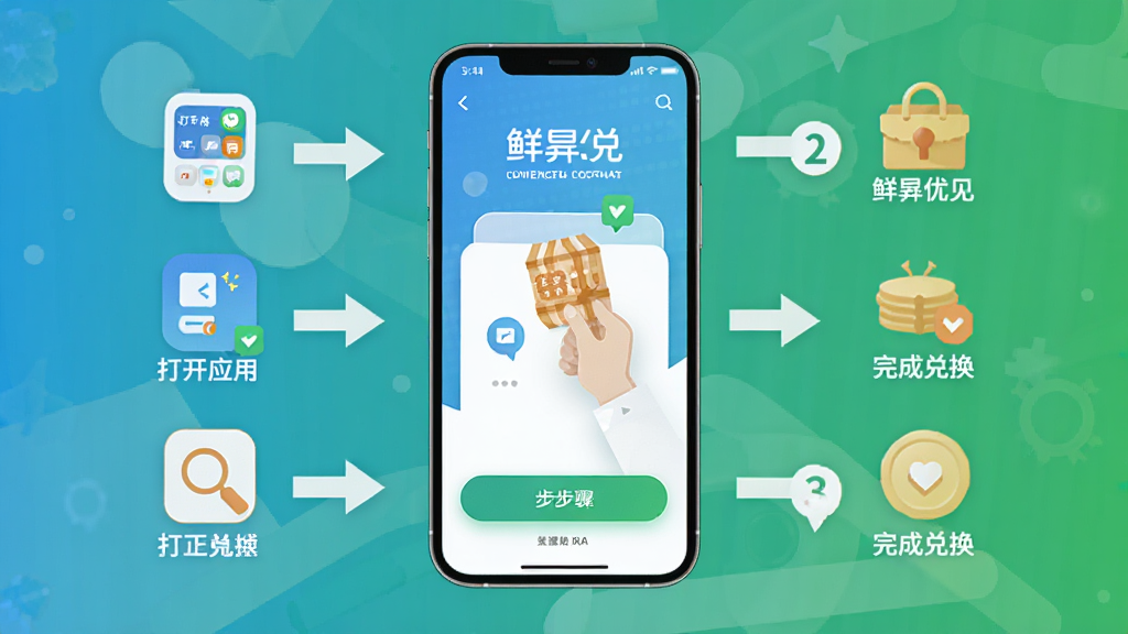 鲜优兑 使用操作步骤示意图,画面以手机屏幕为中心,周围环绕步骤数字与箭头指示,展示从打开应用到完成兑换的流程,布局清晰有序,风格扁平化设计,细节表现图标与文字标注,画质高清,干净,无多余元素