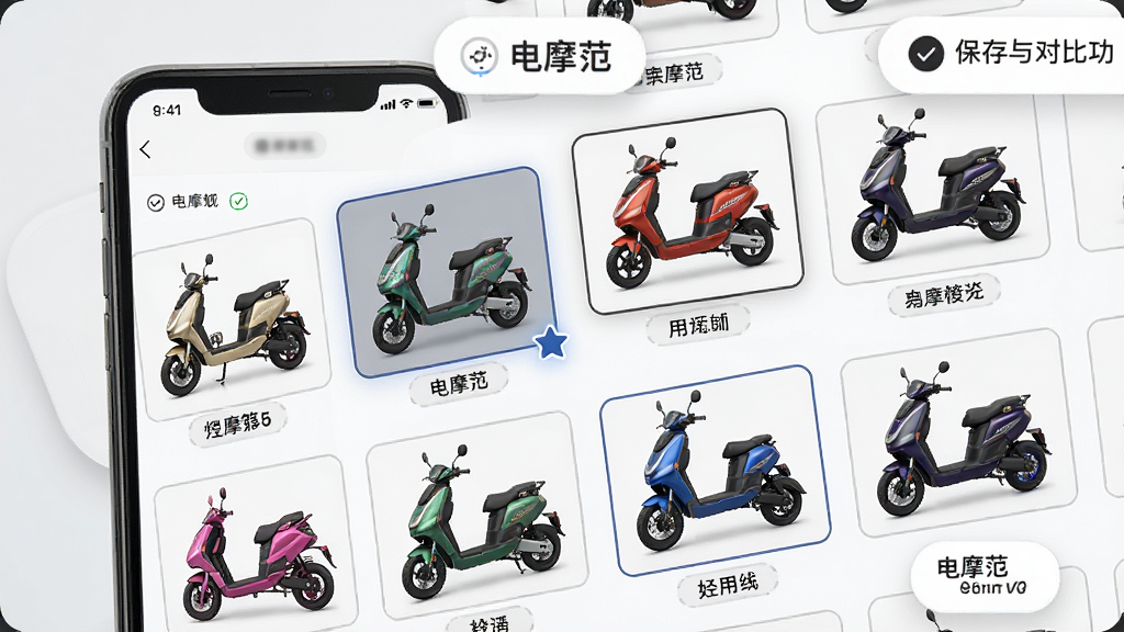 一张展示电摩范方案保存与对比功能的图片,画面中手机屏幕内显示多个改装方案缩略图,每个缩略图对应不同颜色的电动摩托车,布局采用网格排列,风格为清新简约,细节包括缩略图边框、选中状态高亮、方案名称标签,画质干净,无多余元素,画面中可加入
