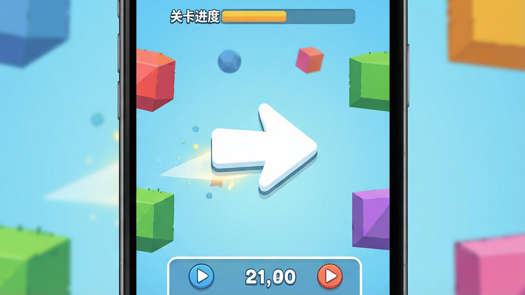 一张手机屏幕展示休闲游戏界面,画面中央是一个醒目的白色箭头图标,四周环绕彩色几何障碍物,整体风格简洁明快,背景为浅蓝色渐变,画面底部有操作提示条,顶部显示关卡进度,整体排版干净整洁,风格为扁平化卡通,细节包括箭头拖尾光效和得分数字,画质清晰,干净,无多余元素