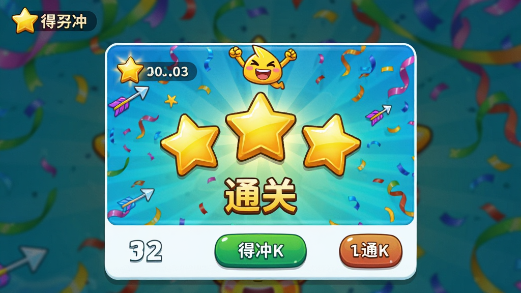 一张展示箭头冲冲冲游戏通关结算界面的画面,画面中央显示三颗金色星星和通关字样,背景为庆祝彩带效果,四周有得分数字和按钮图标,整体排版为手机竖屏弹窗样式,风格为明快卡通,细节包括箭头角色欢呼动画帧,画质清晰,干净,无多余元素