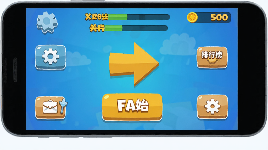 一部安卓手机屏幕显示箭头冲冲冲游戏主界面,画面中央为醒目的开始按钮和箭头图标,四周有设置、排行榜等功能入口,背景为渐变蓝色,整体排版为竖屏手机布局,风格为扁平化休闲游戏UI,细节包括关卡进度条和金币数量显示,画质清晰,干净,无多余元素