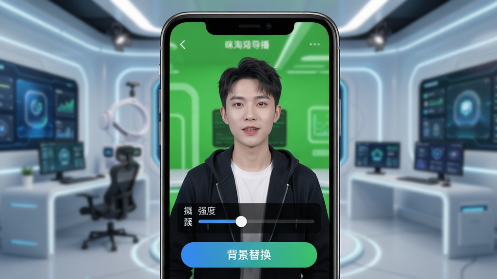 咪淘导播绿幕抠像功能展示,主体为手机屏幕中人物站在虚拟背景前,布局为人物居中背景为科技感直播间场景,排版突出抠像边缘平滑效果,风格为明亮现代UI,细节包括抠像强度调节滑块、背景替换按钮,画质清晰,干净无多余元素