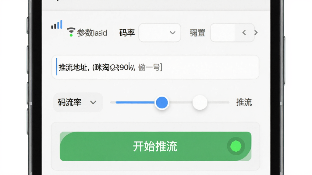咪淘导播推流设置界面,主体为手机屏幕显示推流地址输入框和开始推流按钮,布局为上方参数填写区下方状态指示区,排版清晰易操作,风格为简洁工具类UI,细节包括网络信号图标、码率选择滑块、推流状态绿灯,画质清晰,干净无多余元素