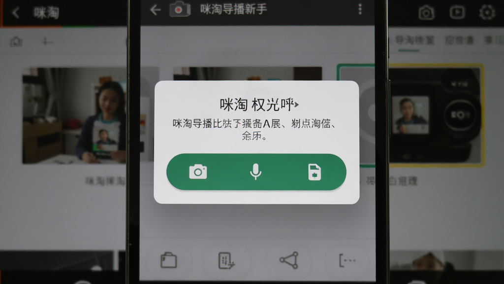 咪淘导播新手操作手机界面,主体为手机屏幕显示权限授予提示弹窗,布局为弹窗居中背景为导播主界面,排版突出允许按钮,风格为安卓原生UI,细节包括摄像头图标、麦克风图标、存储图标,画质清晰,干净无多余元素