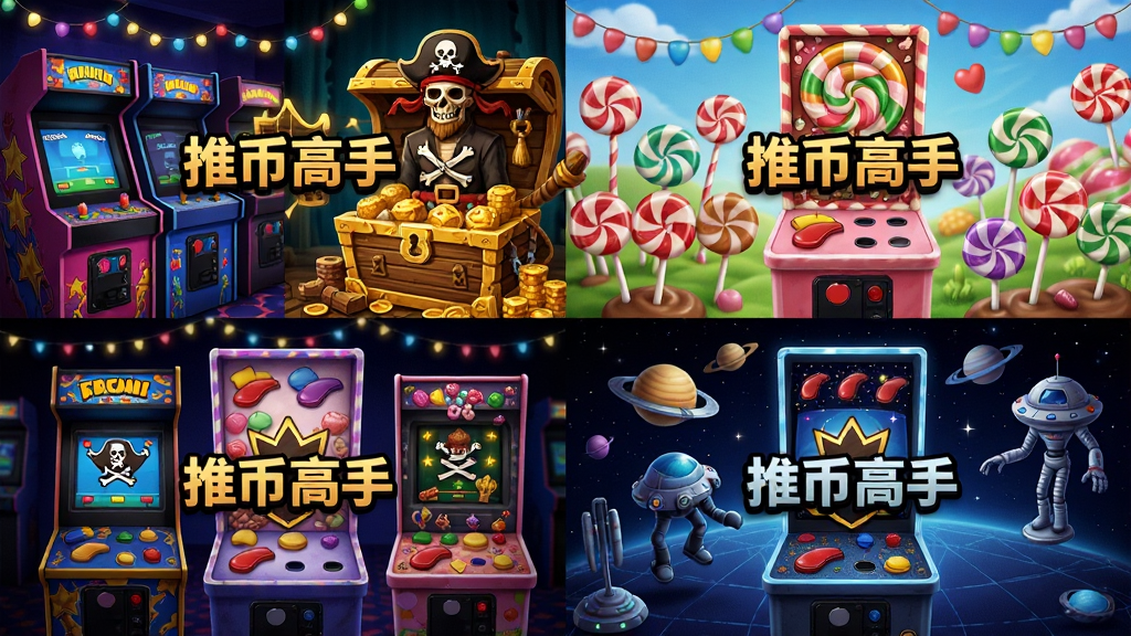 四个不同主题的推币机场景并排展示,分别是电玩城风格、海盗宝藏风格、糖果乐园风格和太空科幻风格,每个场景都有对应的装饰元素和配色方案,画面中间有“推币高手”字样,布局为两行两列的网格排版,风格统一且各具特色,高画质,细节丰富,画面干净整洁