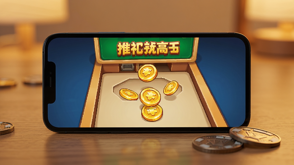 一部智能手机屏幕上显示推币高手游戏正在运行,画面中金币正从推币台边缘掉落,手机旁边放着几枚真实的游戏币作为装饰,背景是柔和的暖色调桌面,主体手机和游戏画面清晰突出,布局居中,风格写实与卡通结合,高画质,画面干净无多余元素