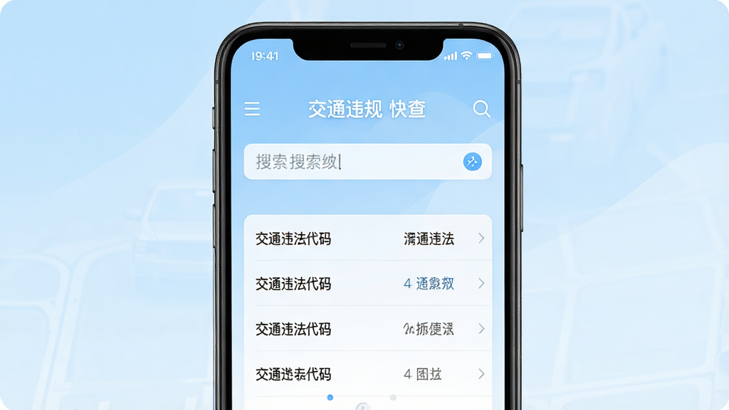 一张手机屏幕正面展示交通违规代码快查应用主界面的图片,画面中央是搜索输入框,下方排列着交通违法代码分类列表,背景为淡蓝色渐变,风格简洁清爽,细节清晰,画质干净,无多余元素