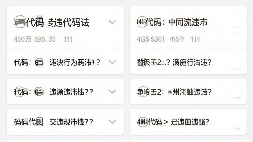 一张展示交通违规代码快查应用内违法代码列表页面的图片,页面中整齐排列着多条交通违法代码条目,每条包含代码数字和对应违法行为描述,界面风格为白色卡片式设计,画质清晰,干净整洁,无多余元素