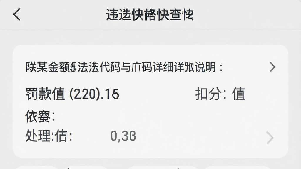 一张展示交通违规代码快查应用详情页的图片,页面中显示某条违法代码的详细说明,包括罚款金额、扣分分值和处理依据,界面风格为浅灰色背景配深色文字,画质干净,无多余元素