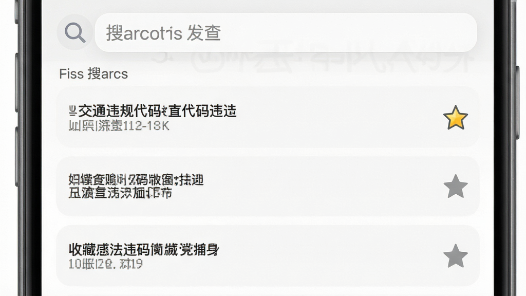 一张展示交通违规代码快查应用收藏夹页面的图片,页面中显示已收藏的违法代码条目,每条右侧有星标图标,顶部有搜索栏,界面风格为浅色主题,画质清晰,干净无多余元素