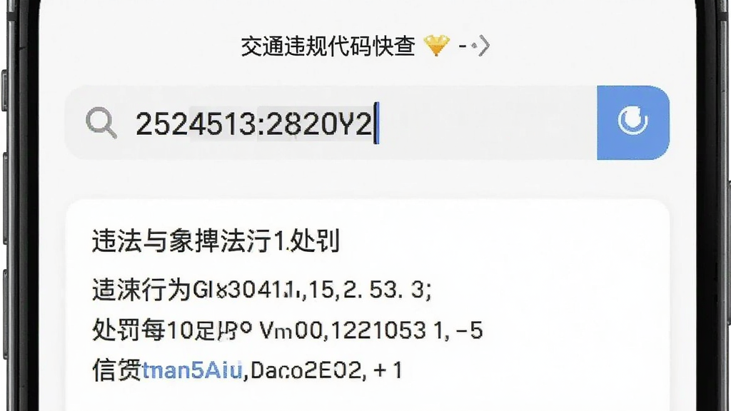 一张展示交通违规代码快查应用搜索功能的手机截图,画面中搜索框内输入了数字代码,下方显示出对应的违法行为和处罚信息,背景为白色,风格简洁,画质清晰,无多余元素