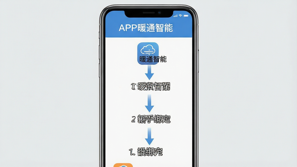 ůͨ����APP���ֲ���ָ��ͼ������Ϊ�ֻ���Ļ��ͼ���չʾ�����ذ�װ���豸�󶨵Ĳ������̣��м�ͷ���������ֱ�ע������Ϊǳ��ɫ������Ϊ�������У����Ϊ��ƽ���̷̳磬ϸ�ڰ�����ůͨ���ܡ����ֺ�ͼ�꣬���ʸ��壬�ɾ����޶���Ԫ��