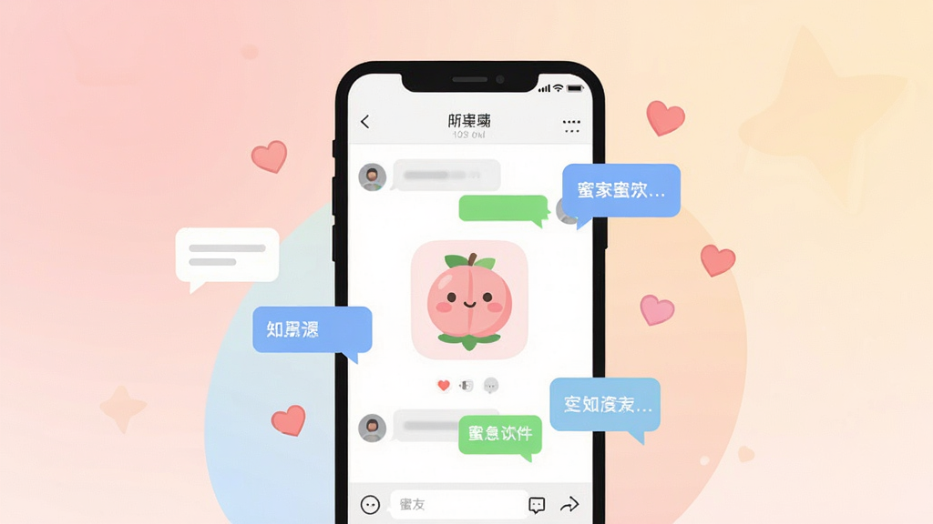 一张展示“蜜友”软件社交场景的插画,主体为一部智能手机屏幕,屏幕内显示聊天界面和一个可爱的水蜜桃图标,周围漂浮着对话气泡和小爱心,布局居中,风格清新扁平化,细节包括柔和的渐变背景和简约的UI元素,画质高清,画面干净,无多余元素