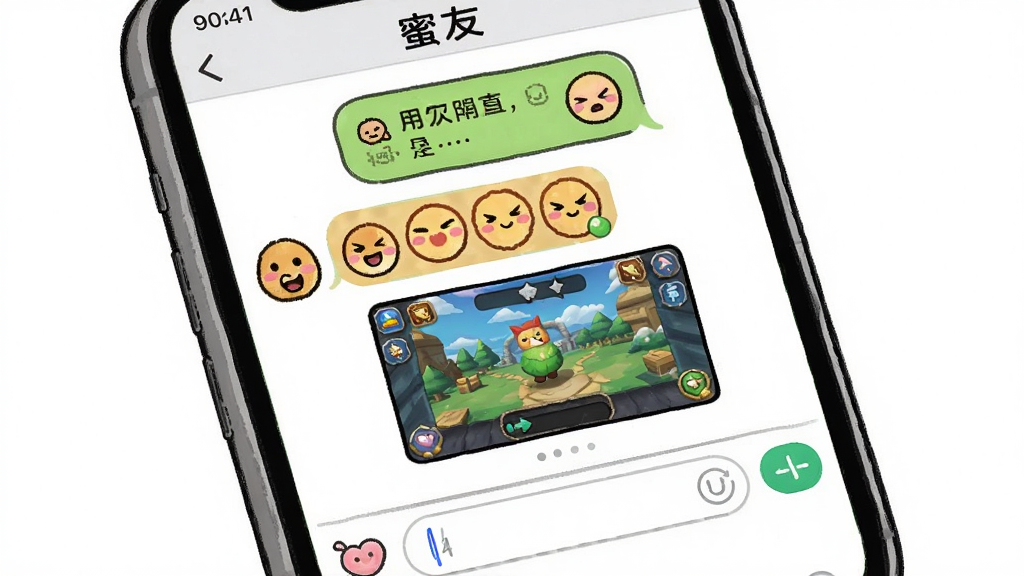 一张展示“蜜友”聊天界面的特写图,主体为手机屏幕显示聊天气泡和一个游戏互动小窗口,布局为竖屏居中,风格为卡通手绘风,细节包括可爱的表情包和输入框,画质高清,画面干净,无多余元素