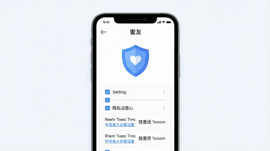 一张展示“蜜友”软件安全中心与隐私设置界面的示意图,主体为手机屏幕显示盾牌图标和设置选项,布局为居中,风格为科技感扁平设计,细节包括勾选框和隐私条款链接,画质高清,画面干净,无多余元素